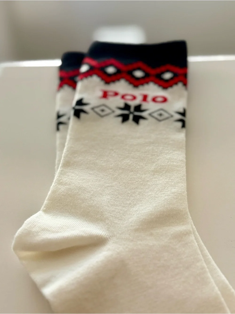 NWT | Polo by Ralph Lauren Cream, Red & Black Patterned Crew Socks | Size 9–11